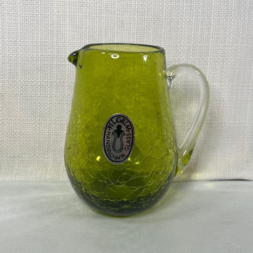 Pilgrim Glass Handblown Crackle Pitcher Avocado Green Mid Century Modern Vtg